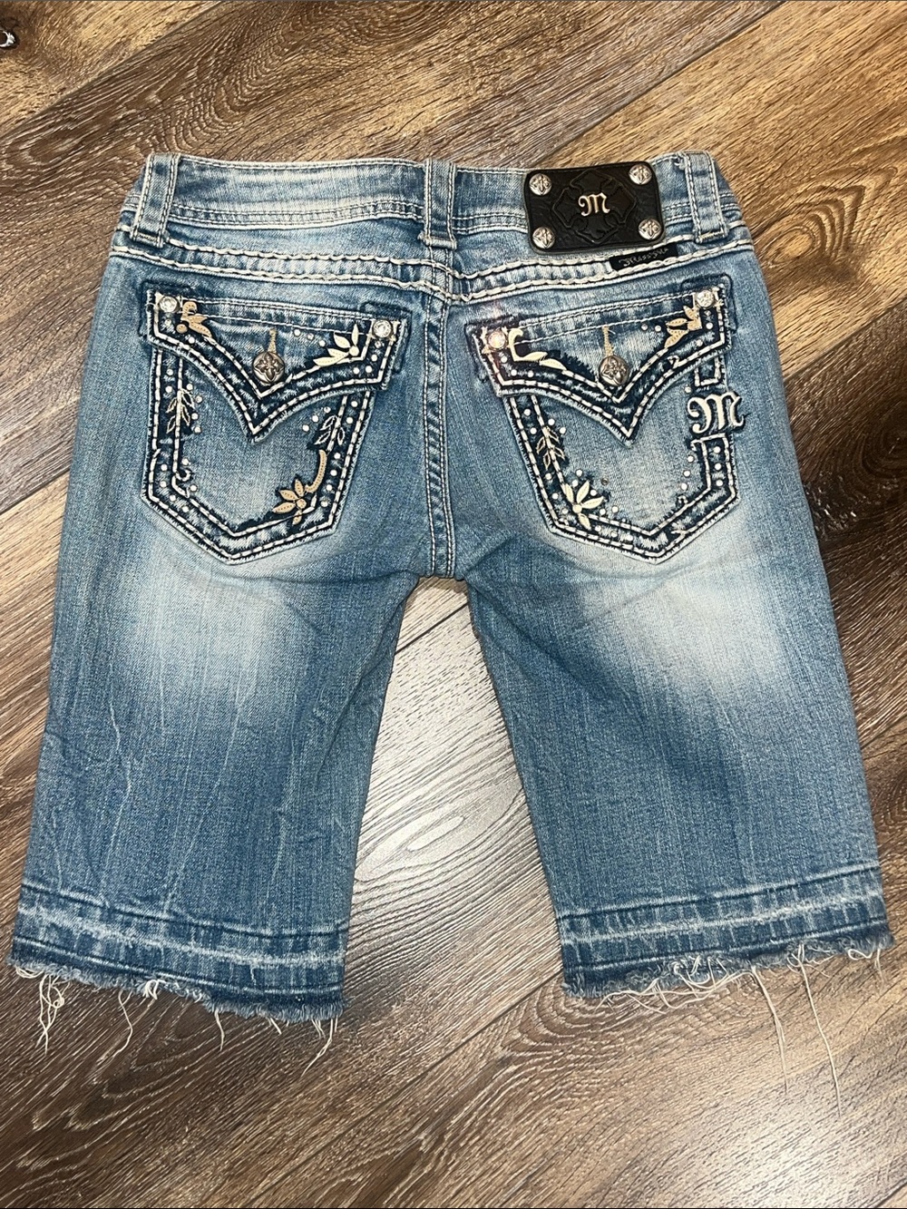 MISS ME Bermuda Distressed Embroidered Embellished W/ Rhinestones & Leather Trim